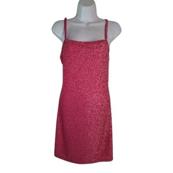 Dresses & Skirts - Hot Pink Spaghetti Strap Glittery Midi Dress L